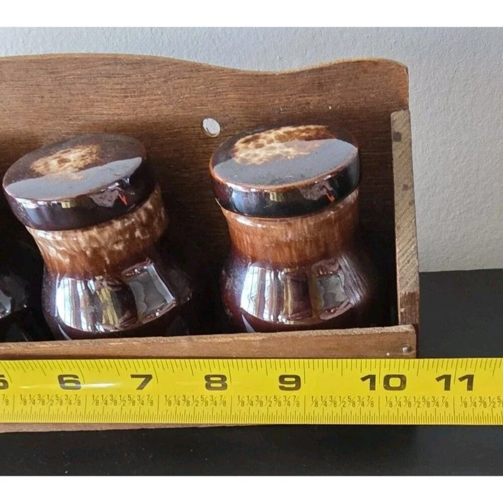 Stoneware Spice Jars Set of 4 with Rack Vintage Japan Brown Glaze